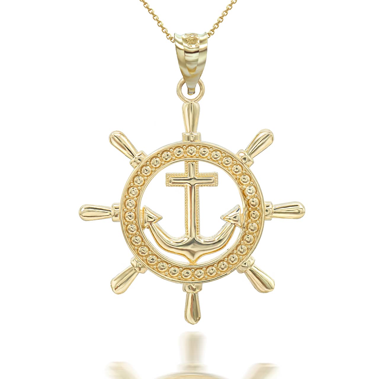 Gold Ship's Wheel Anchor Nautical in Solid Pendant/Necklace, view 2