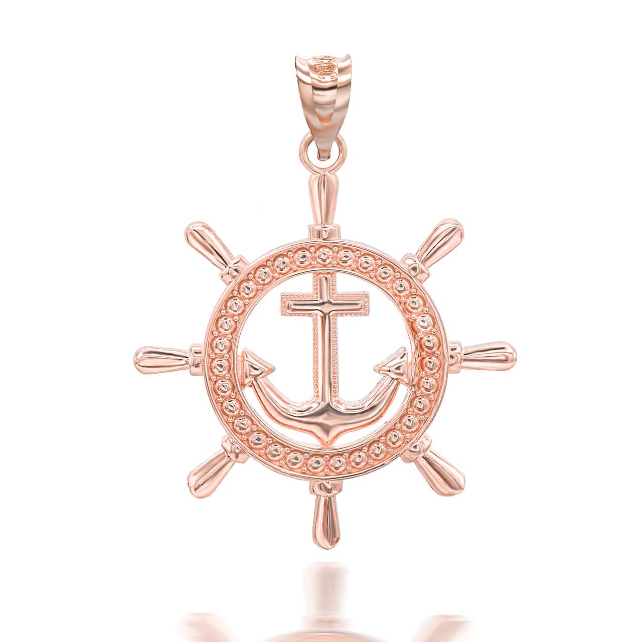 Gold Ship's Wheel Anchor Nautical in Solid Pendant/Necklace, view 4