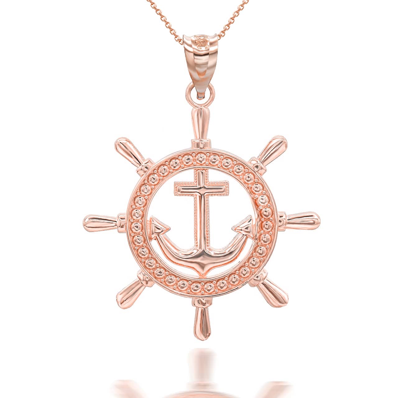 Gold Ship's Wheel Anchor Nautical in Solid Pendant/Necklace, view 5
