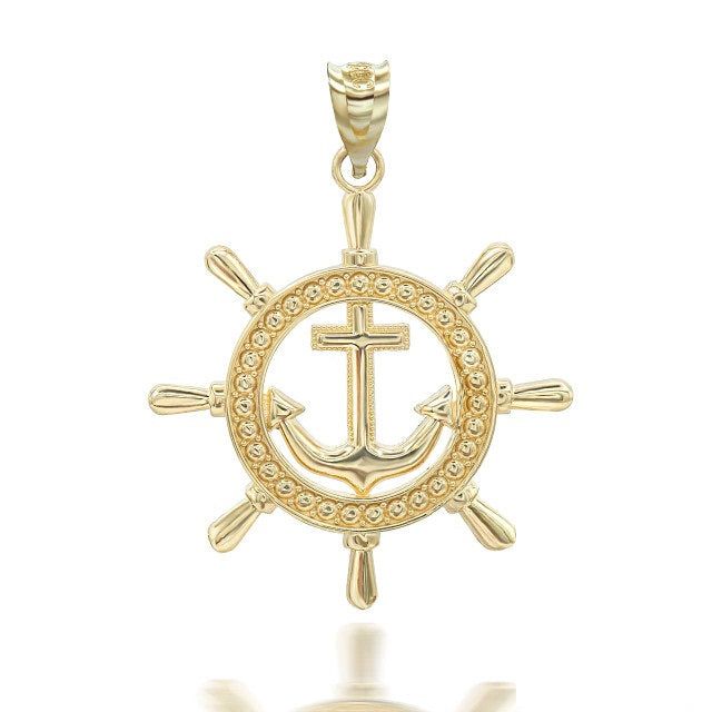 Gold Ship's Wheel Anchor Nautical in Solid Pendant/Necklace, view 8