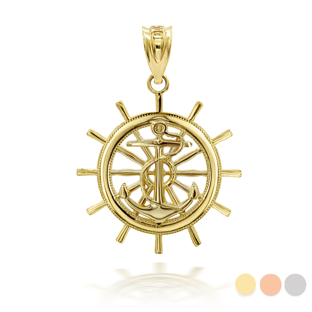 Gold Ship Wheel Helm Anchor Roped 3D Charm Necklace