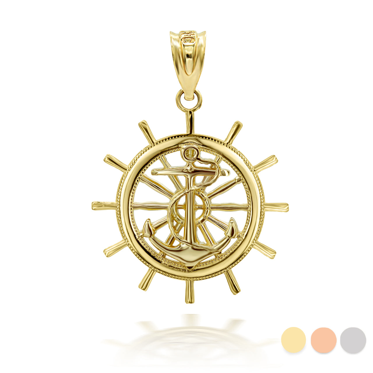 Gold Ship Wheel Helm Anchor Roped 3D Charm Necklace