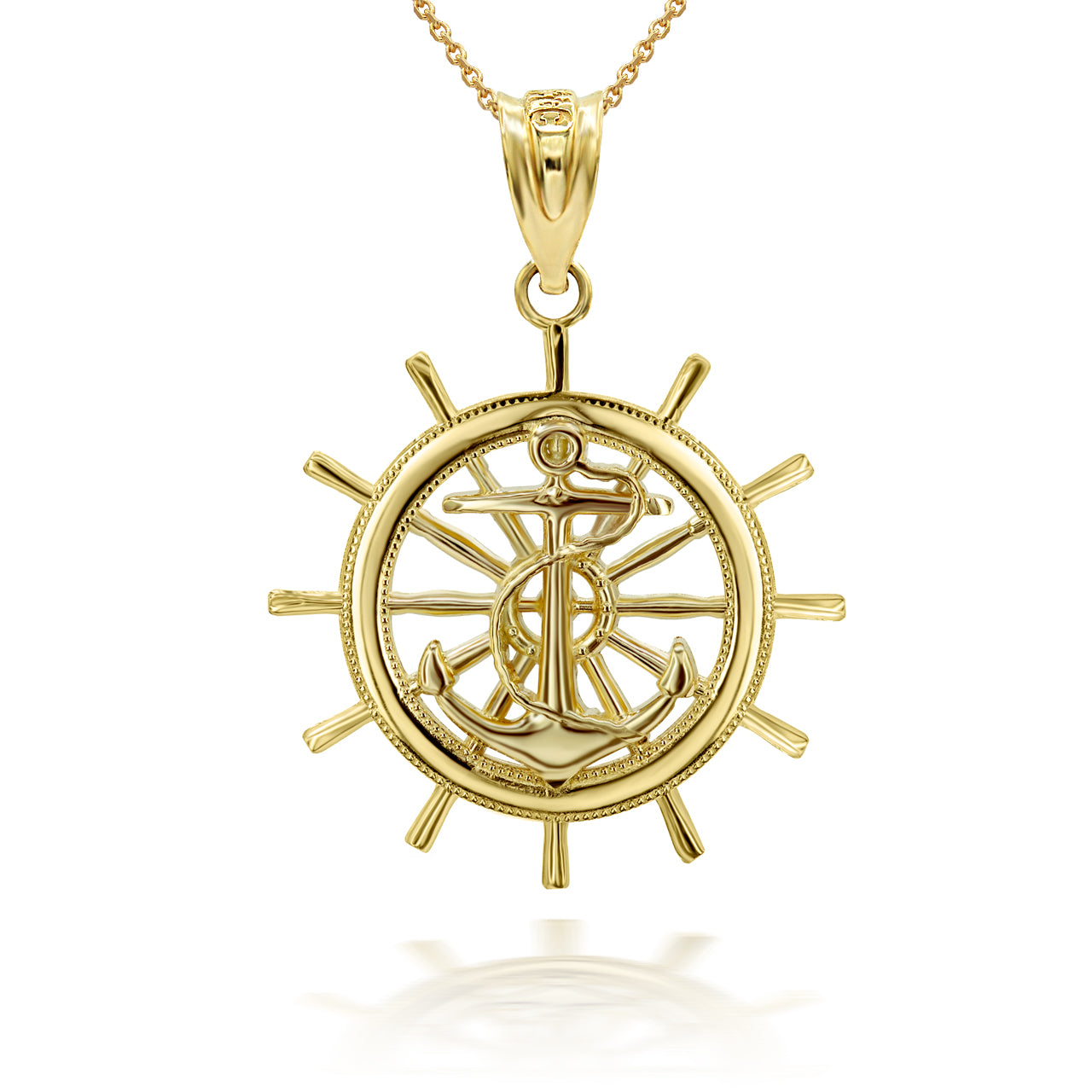 Gold Ship Wheel Helm Anchor Roped 3D Charm Necklace, view 2