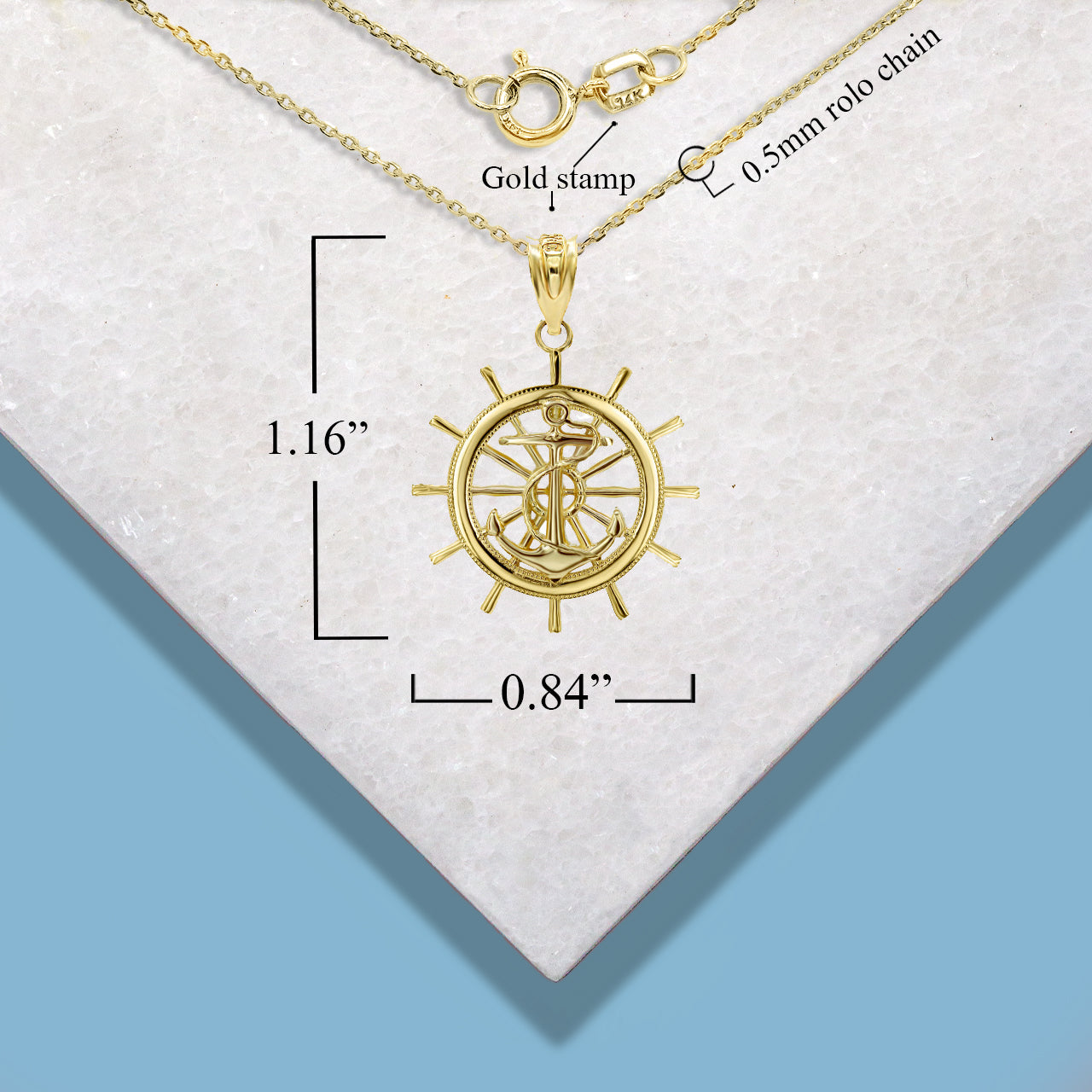 Gold Ship Wheel Helm Anchor Roped 3D Charm Necklace, view 3