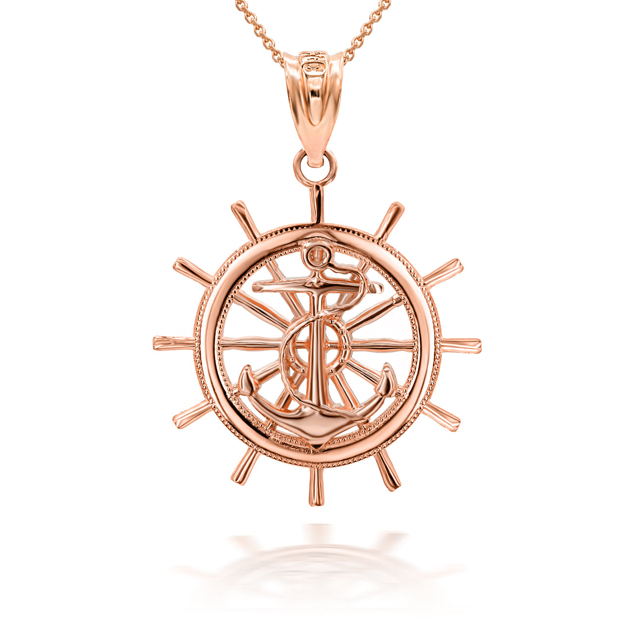 Gold Ship Wheel Helm Anchor Roped 3D Charm Necklace, view 6