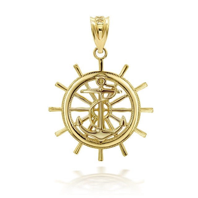 Gold Ship Wheel Helm Anchor Roped 3D Charm Necklace, view 10