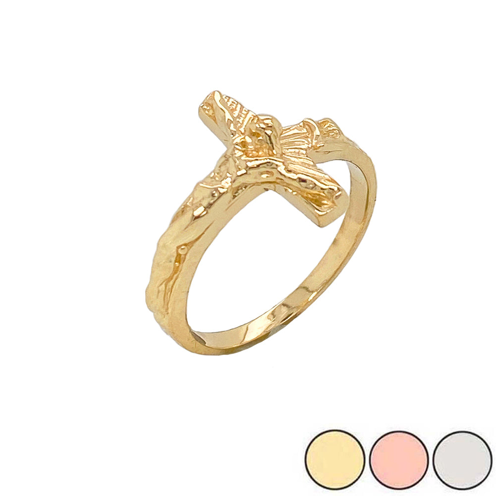 Gold Sideways Jesus Christ Crucifix Cross Ring