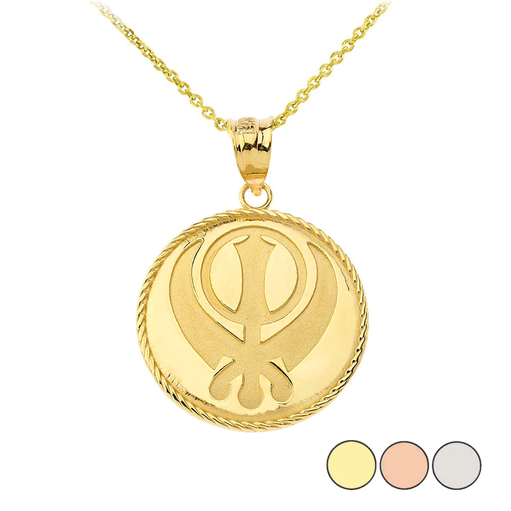 Gold Sikh Khanda Punjabi Sword Rope Medallion Pendant Necklace
