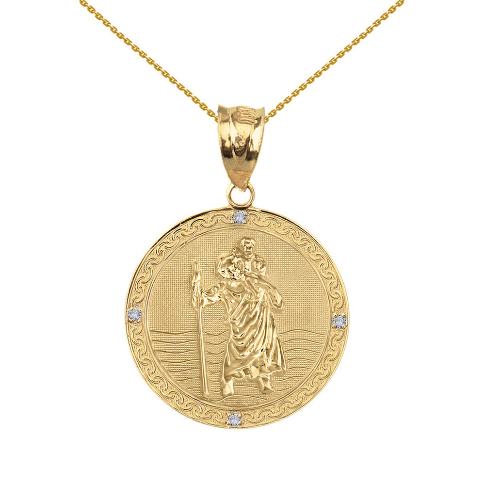 Gold Solid Saint Christopher Engravable Medallion Circle Diamond Pendant Necklace (1")
