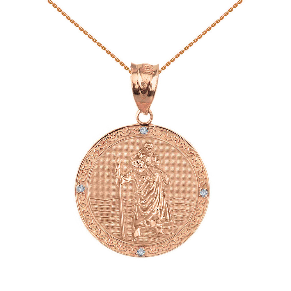 Gold Solid Saint Christopher Engravable Medallion Circle Diamond Pendant Necklace (1"), view 2
