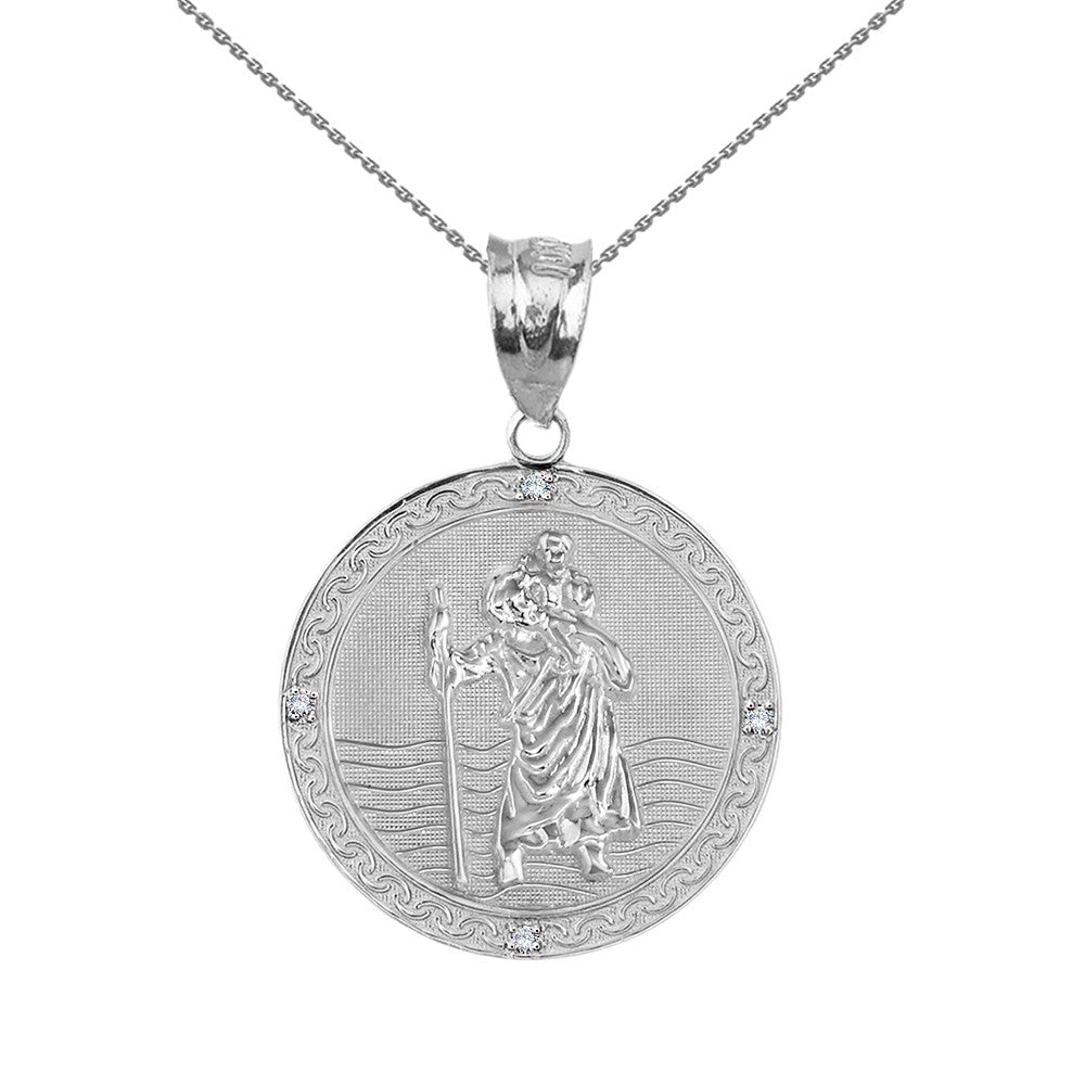 Gold Solid Saint Christopher Engravable Medallion Circle Diamond Pendant Necklace (1"), view 3