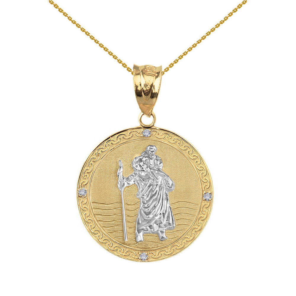 Gold Solid Saint Christopher Engravable Medallion Circle Diamond Pendant Necklace (1"), view 4