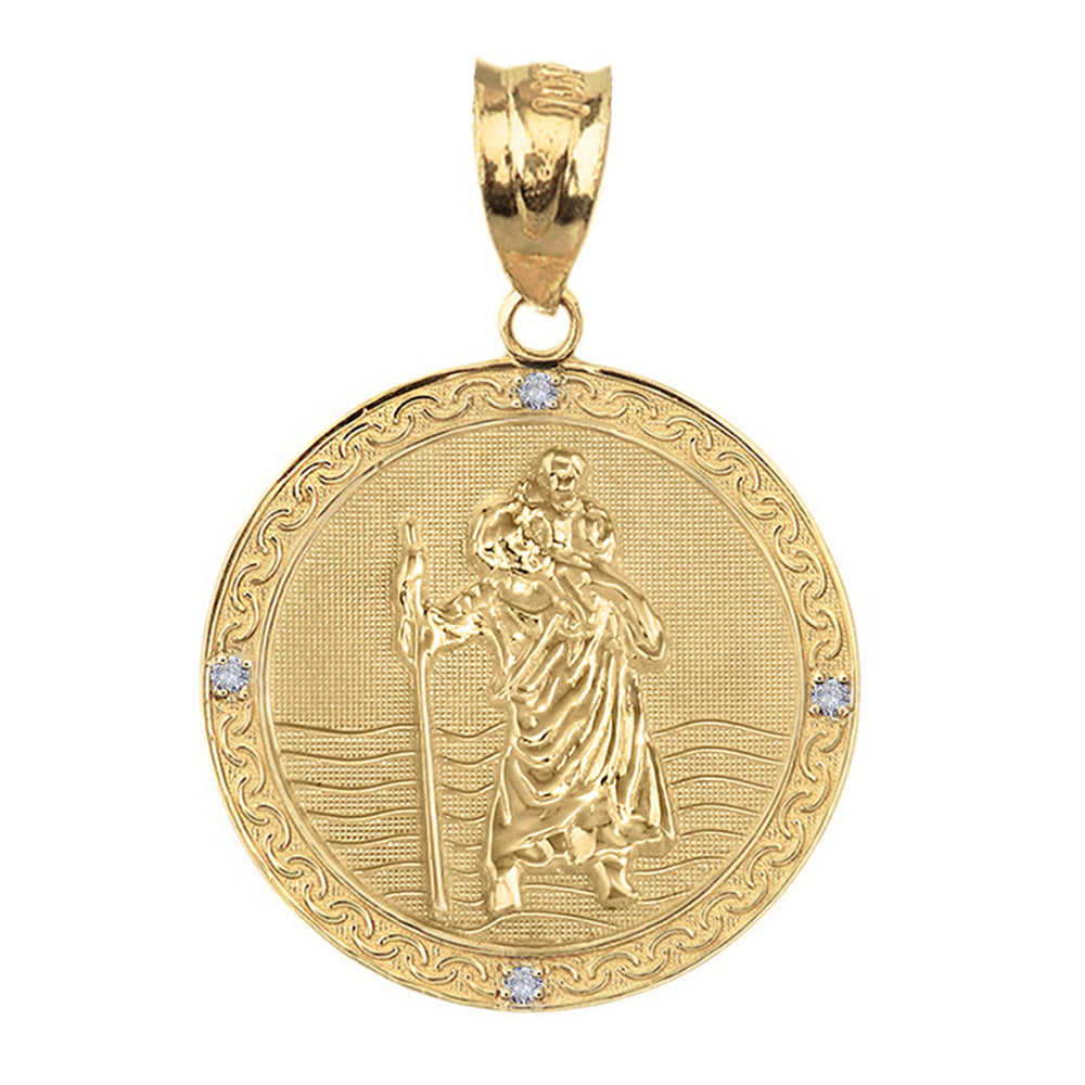 Gold Solid Saint Christopher Engravable Medallion Circle Diamond Pendant Necklace (1"), view 5