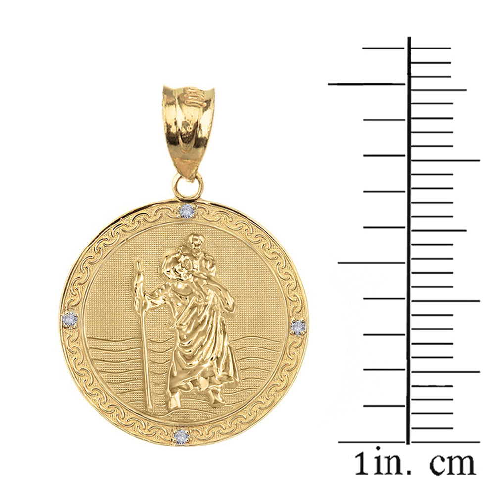Gold Solid Saint Christopher Engravable Medallion Circle Diamond Pendant Necklace (1"), view 6