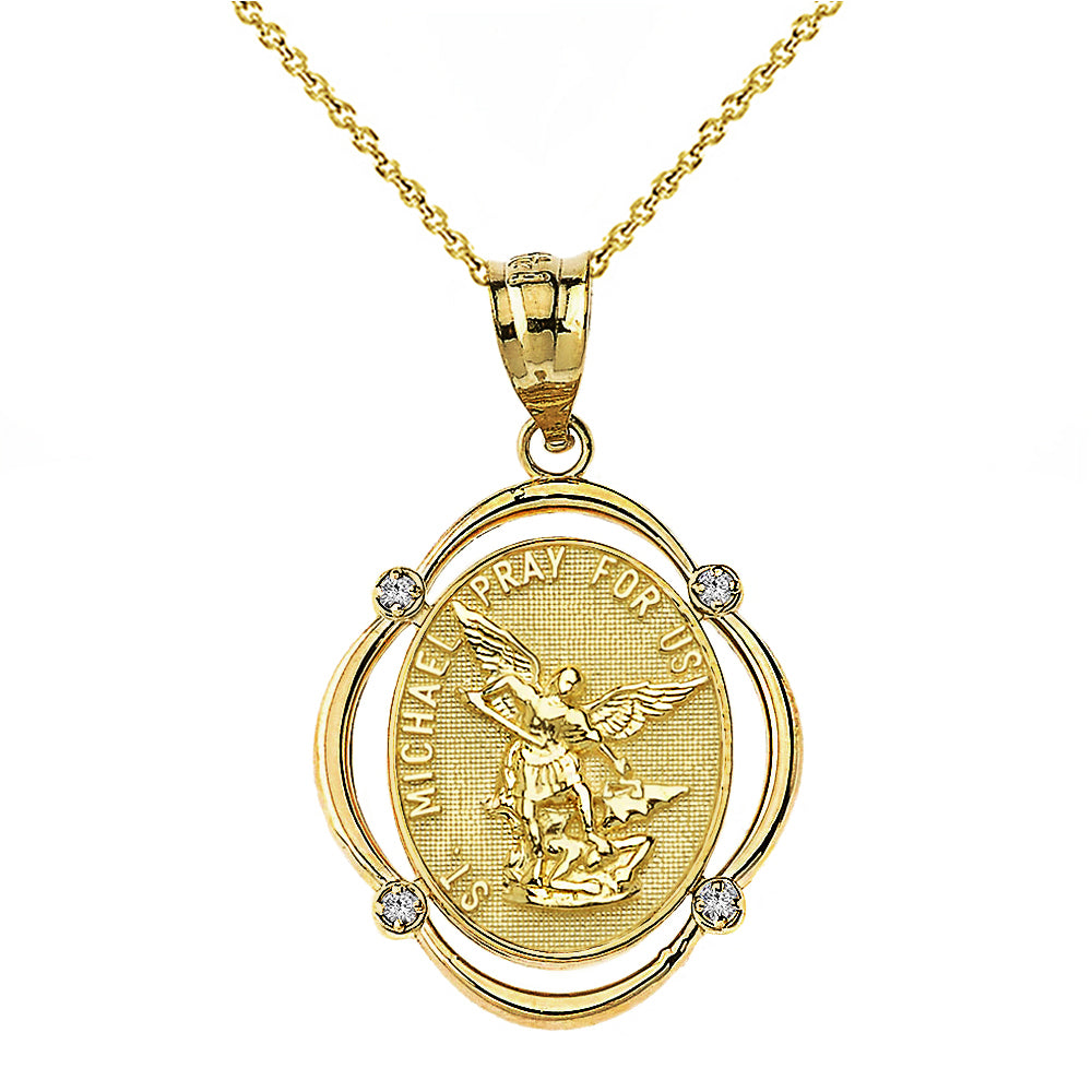 Gold Solid Saint Michael Pray For Us Diamond Oval Frame Pendant Necklace