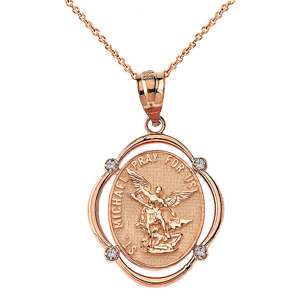 Gold Solid Saint Michael Pray For Us Diamond Oval Frame Pendant Necklace, view 2
