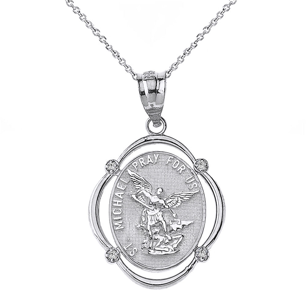 Gold Solid Saint Michael Pray For Us Diamond Oval Frame Pendant Necklace, view 3