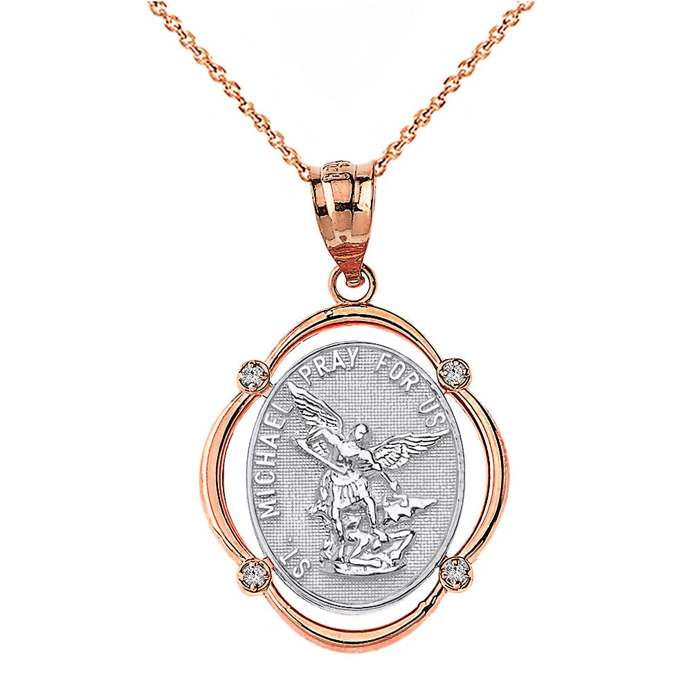 Gold Solid Saint Michael Pray For Us Diamond Oval Frame Pendant Necklace, view 5