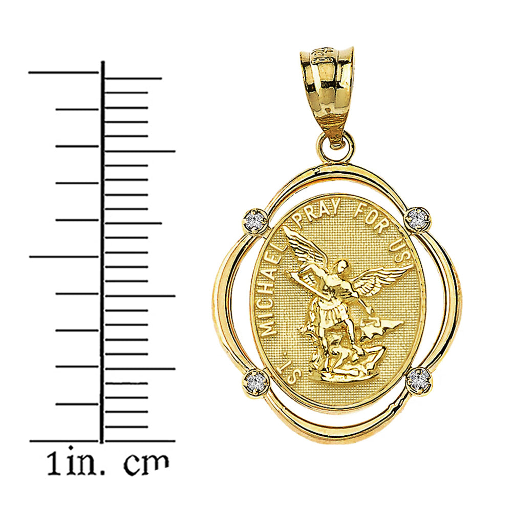Gold Solid Saint Michael Pray For Us Diamond Oval Frame Pendant Necklace, view 7