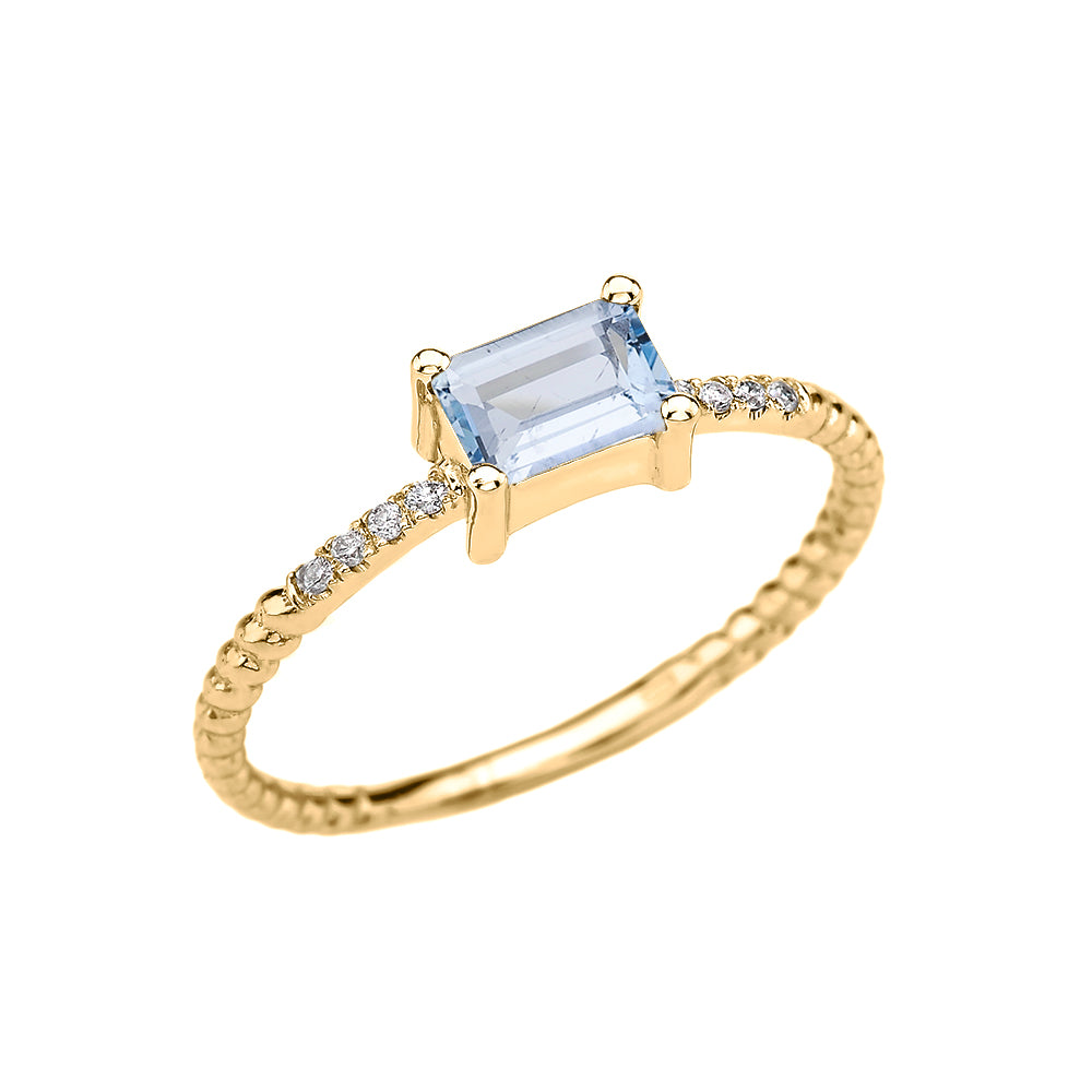 Gold Solitaire Emerald Cut Aquamarine and Diamond Rope Design Engagement/Promise Ring