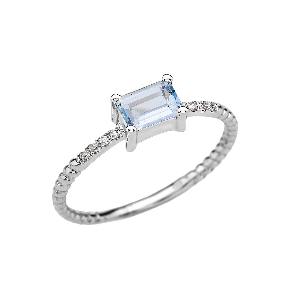 Gold Solitaire Emerald Cut Aquamarine and Diamond Rope Design Engagement/Promise Ring, view 2