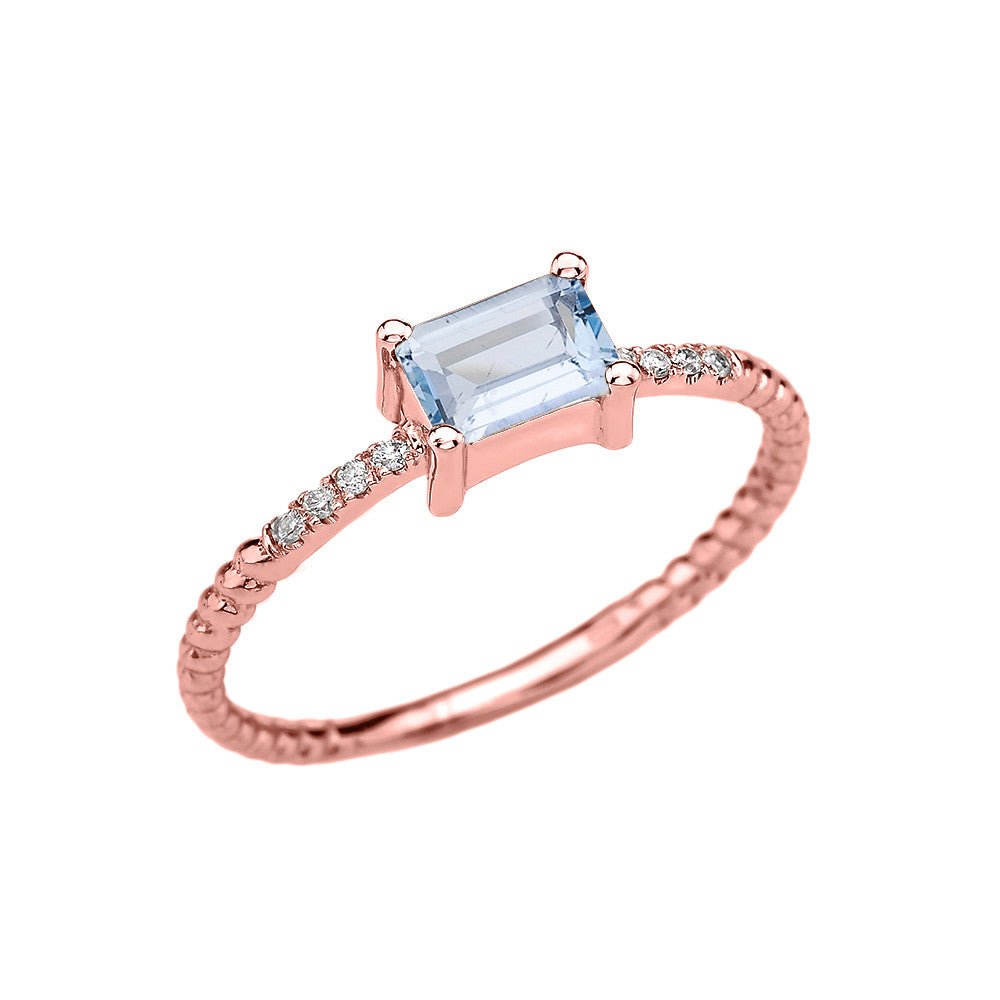 Gold Solitaire Emerald Cut Aquamarine and Diamond Rope Design Engagement/Promise Ring, view 3