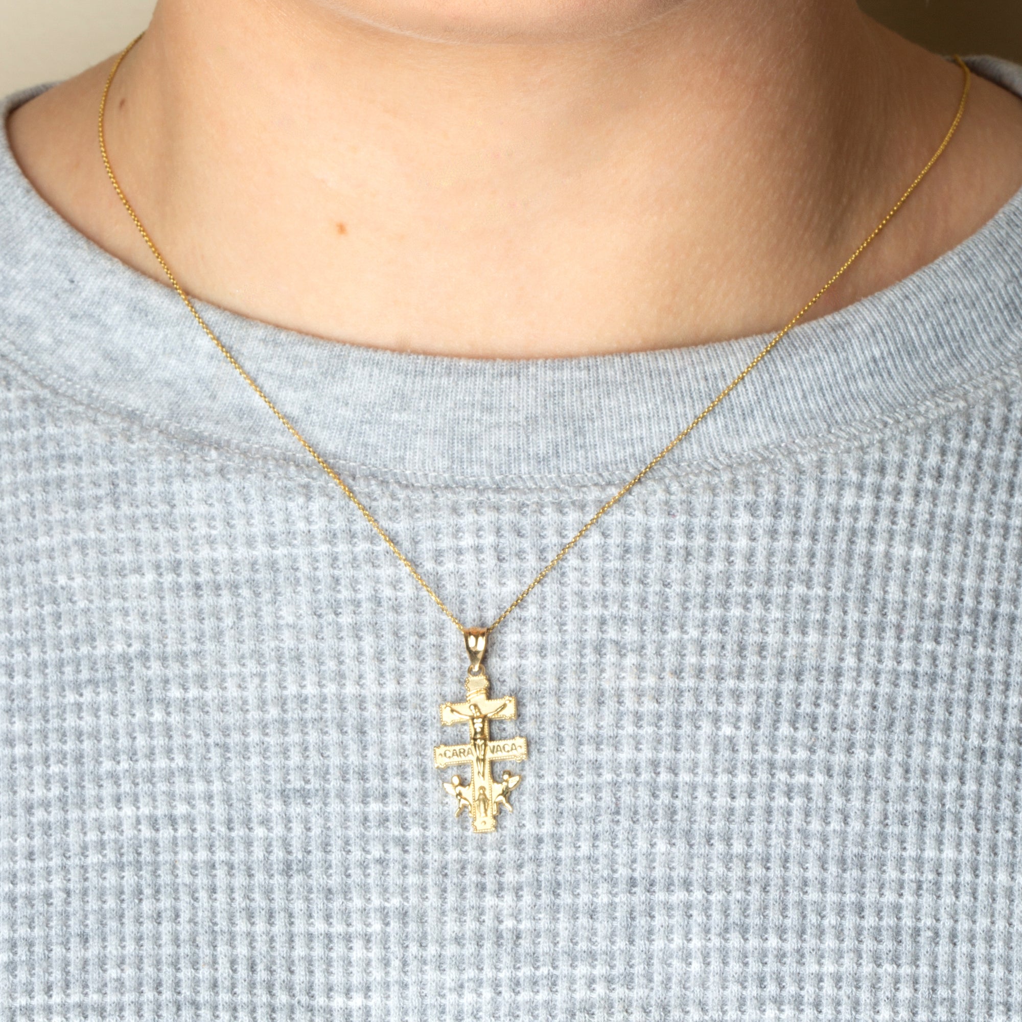 Gold Spanish Caravaca Cross Crucifix Jesus Christ Angels Pendant Necklace, view 3