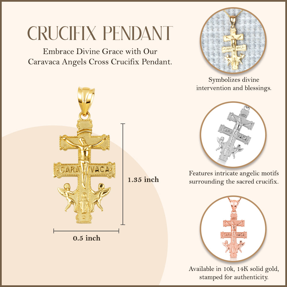 Gold Spanish Caravaca Cross Crucifix Jesus Christ Angels Pendant Necklace, view 4