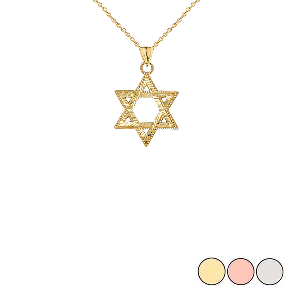 Gold Sparkle-Cut and Milgrain-Edged Star of David Pendant Necklace