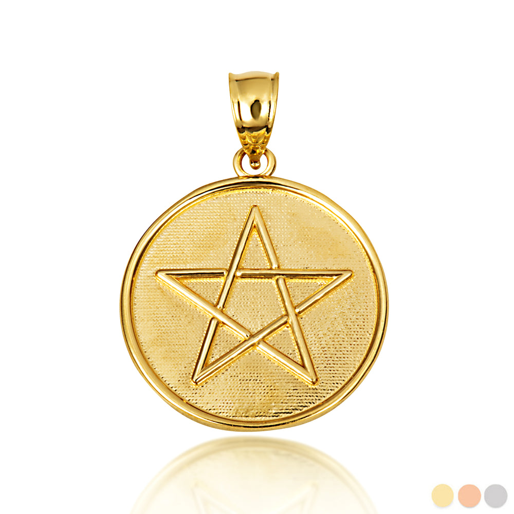 Gold Spiritual Wiccan Pentagram 5 Point Star Medallion Pendant Necklace