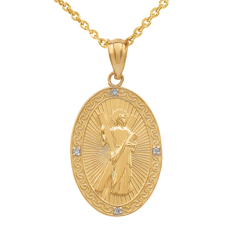 Gold St. Andrew Oval Medallion Diamond Engravable Pendant Necklace (Medium)