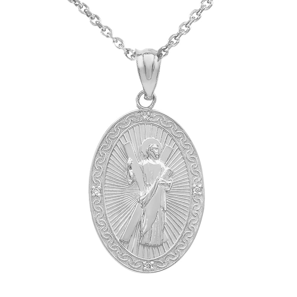 Gold St. Andrew Oval Medallion Diamond Engravable Pendant Necklace (Medium), view 3