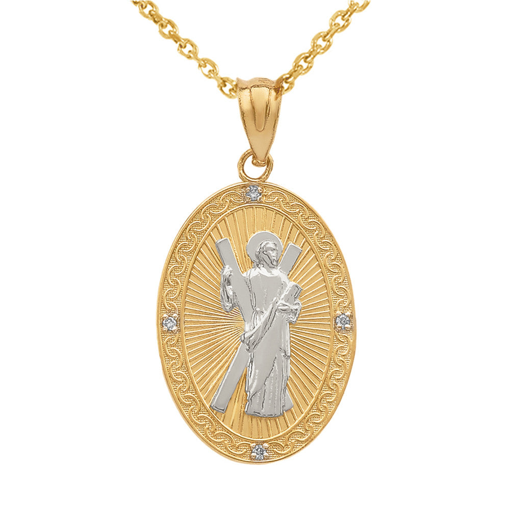 Gold St. Andrew Oval Medallion Diamond Engravable Pendant Necklace (Medium), view 4