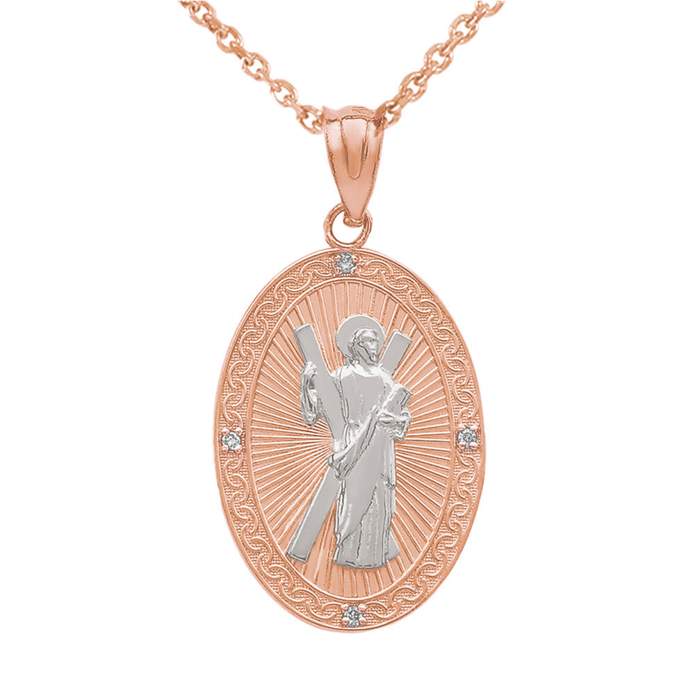 Gold St. Andrew Oval Medallion Diamond Engravable Pendant Necklace (Medium), view 5