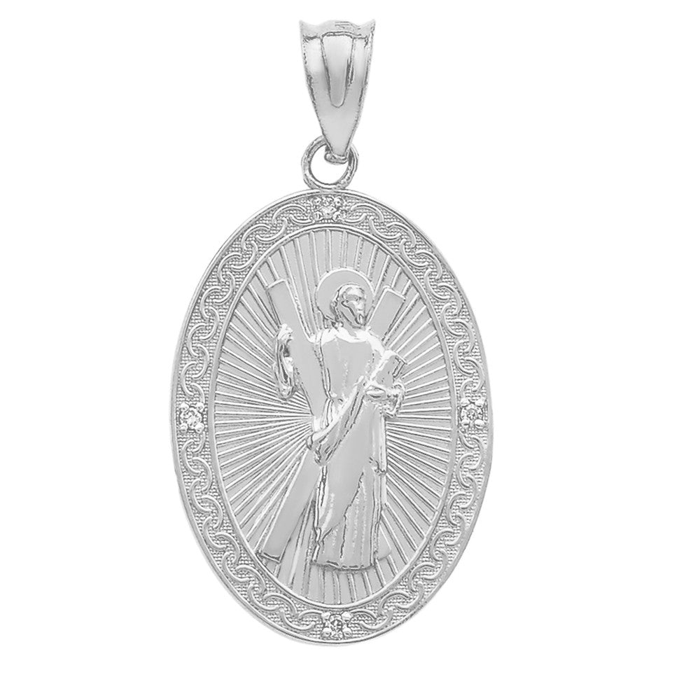 Gold St. Andrew Oval Medallion Diamond Engravable Pendant Necklace (Medium), view 8