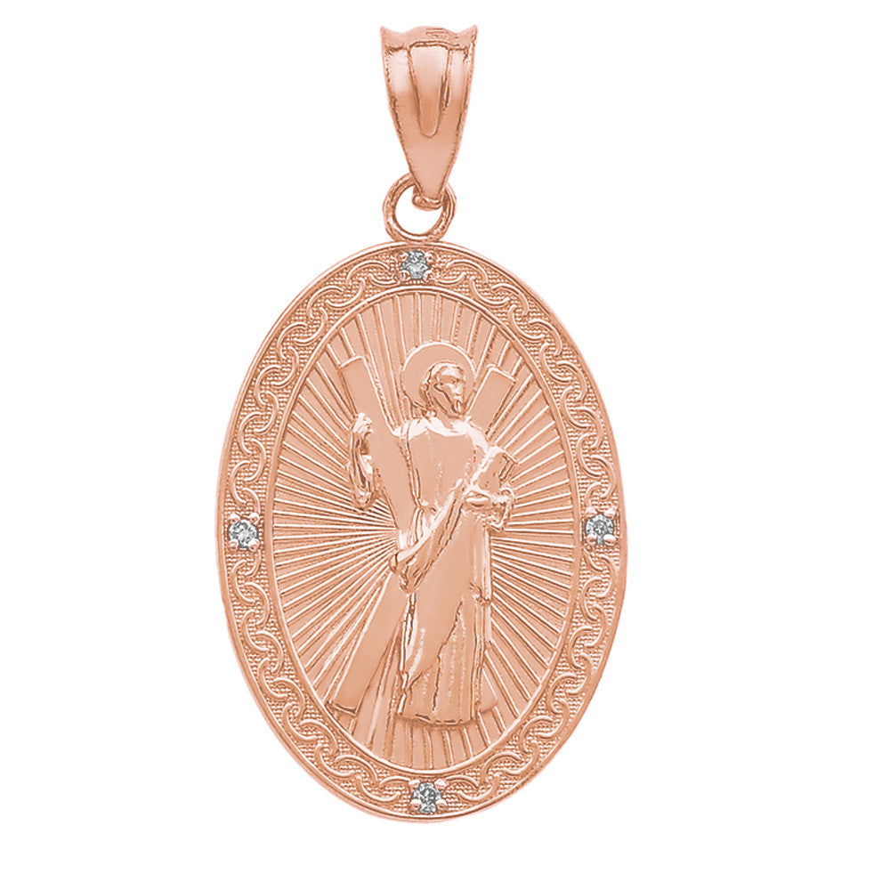 Gold St. Andrew Oval Medallion Diamond Engravable Pendant Necklace (Medium), view 10