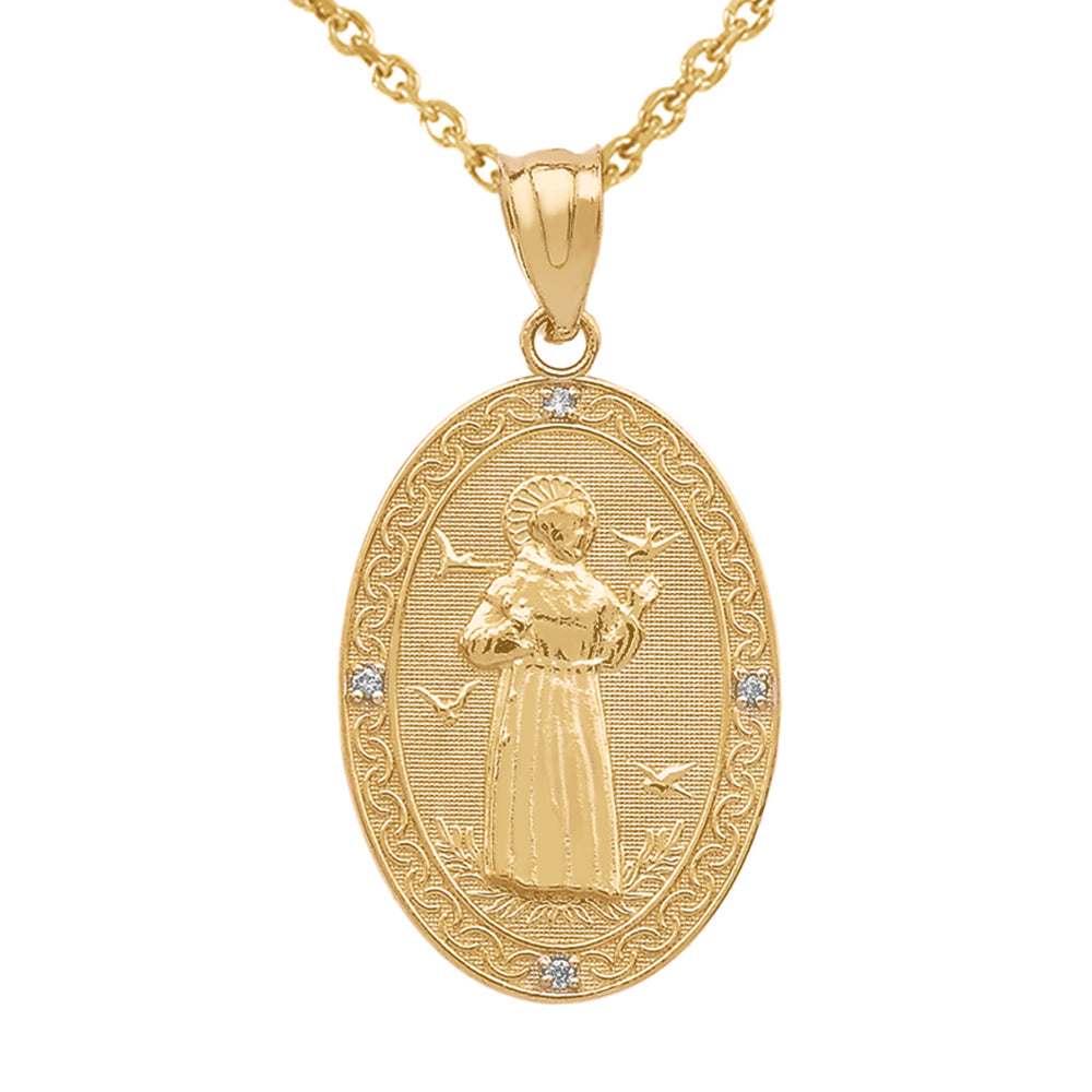 Gold St. Francis of Assisi Oval Engravable Medallion Diamond Pendant Necklace (Medium)