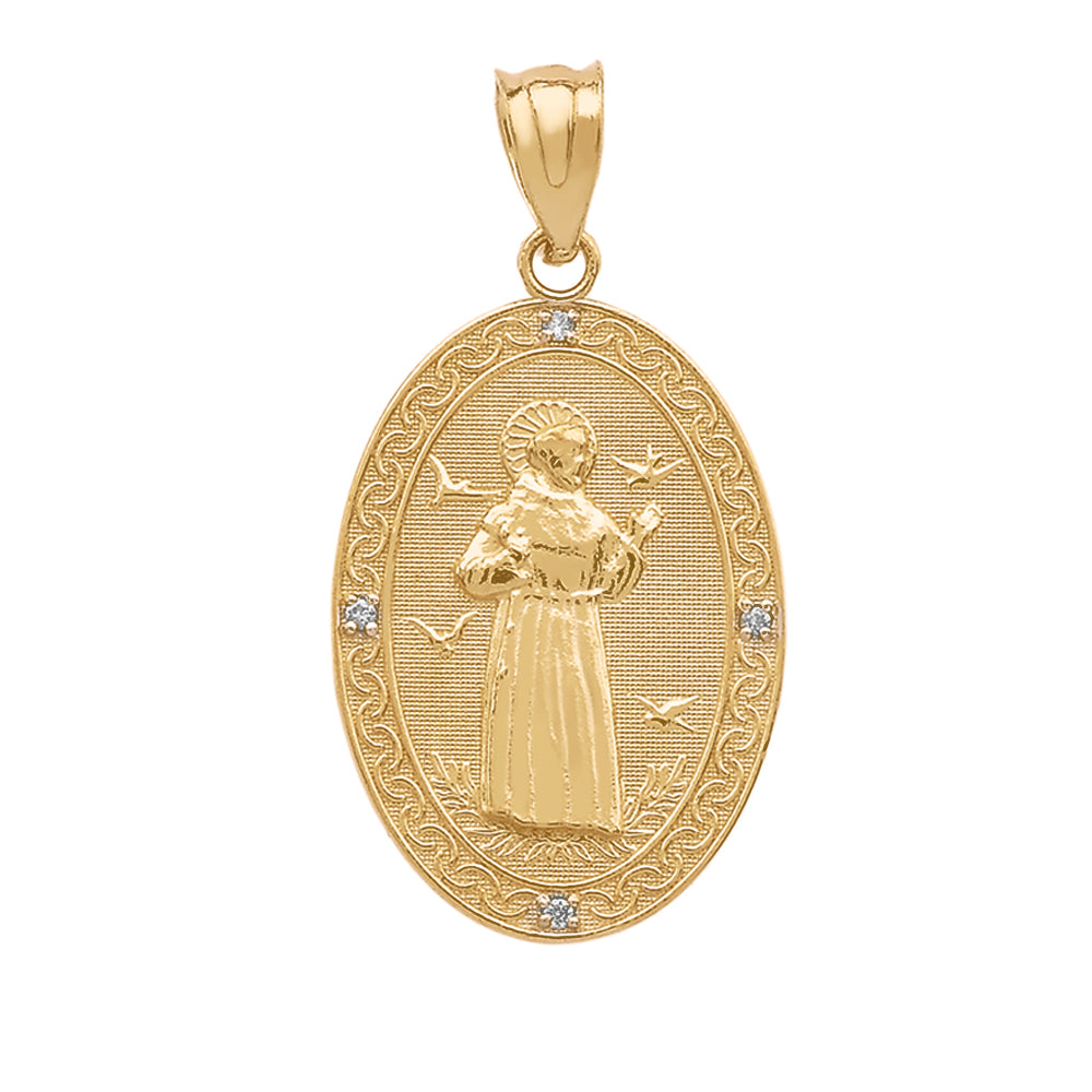 Gold St. Francis of Assisi Oval Engravable Medallion Diamond Pendant Necklace (Medium), view 2
