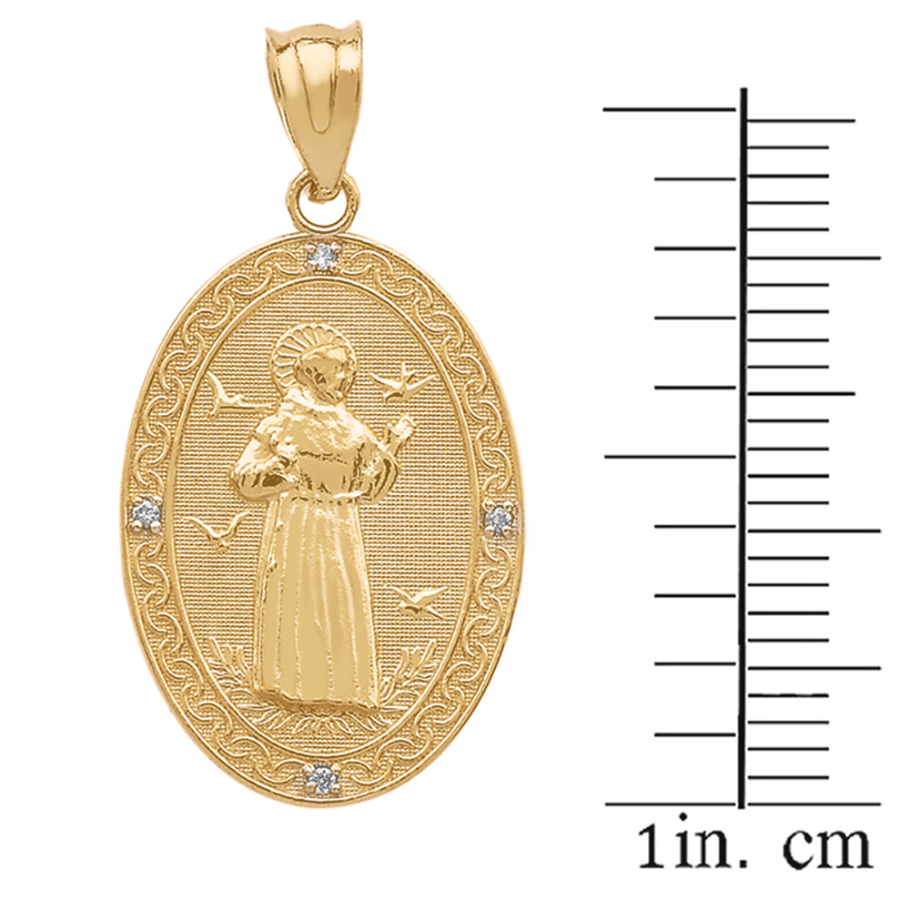 Gold St. Francis of Assisi Oval Engravable Medallion Diamond Pendant Necklace (Medium), view 3