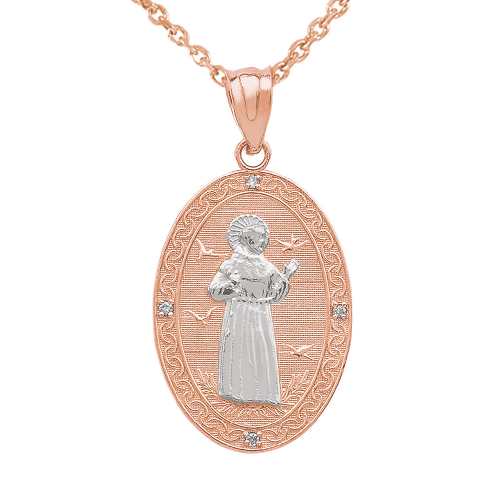 Gold St. Francis of Assisi Oval Engravable Medallion Diamond Pendant Necklace (Medium), view 4