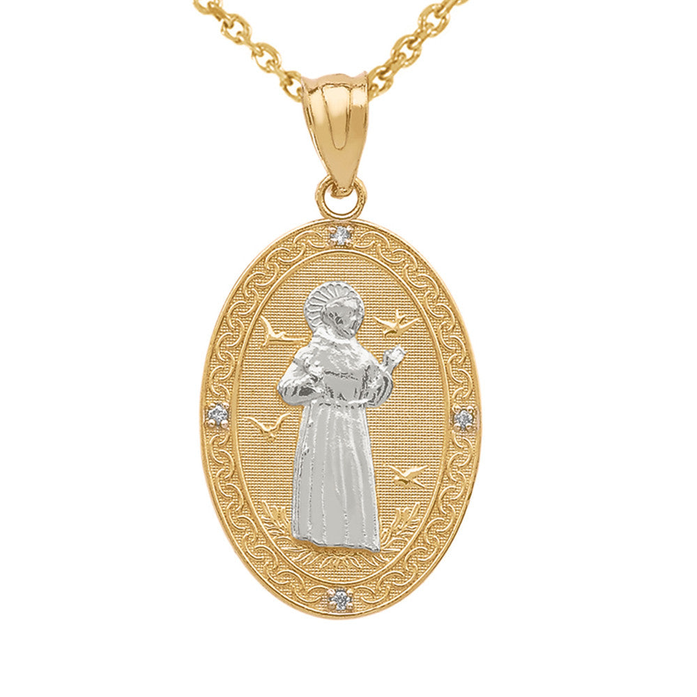 Gold St. Francis of Assisi Oval Engravable Medallion Diamond Pendant Necklace (Medium), view 6