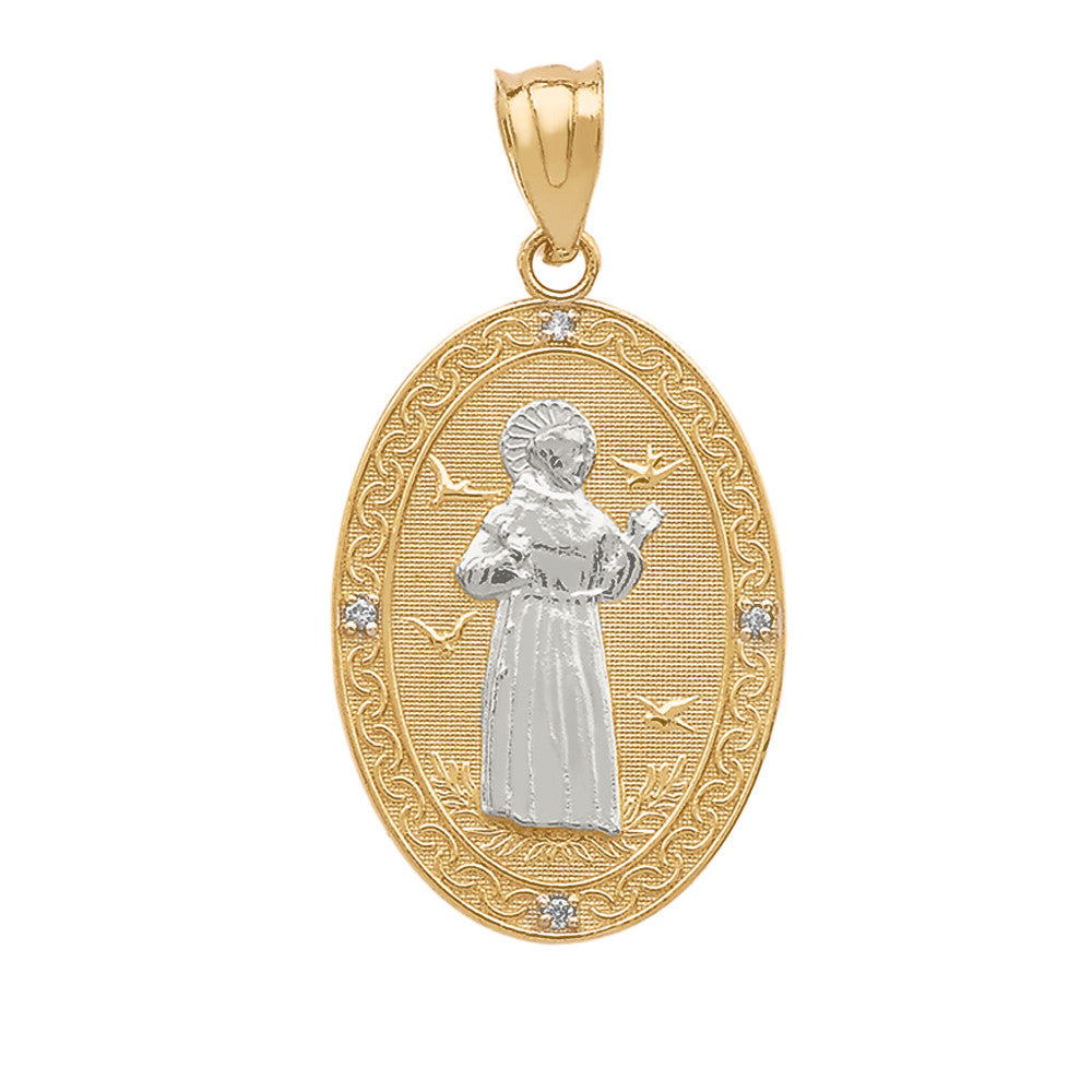 Gold St. Francis of Assisi Oval Engravable Medallion Diamond Pendant Necklace (Medium), view 7