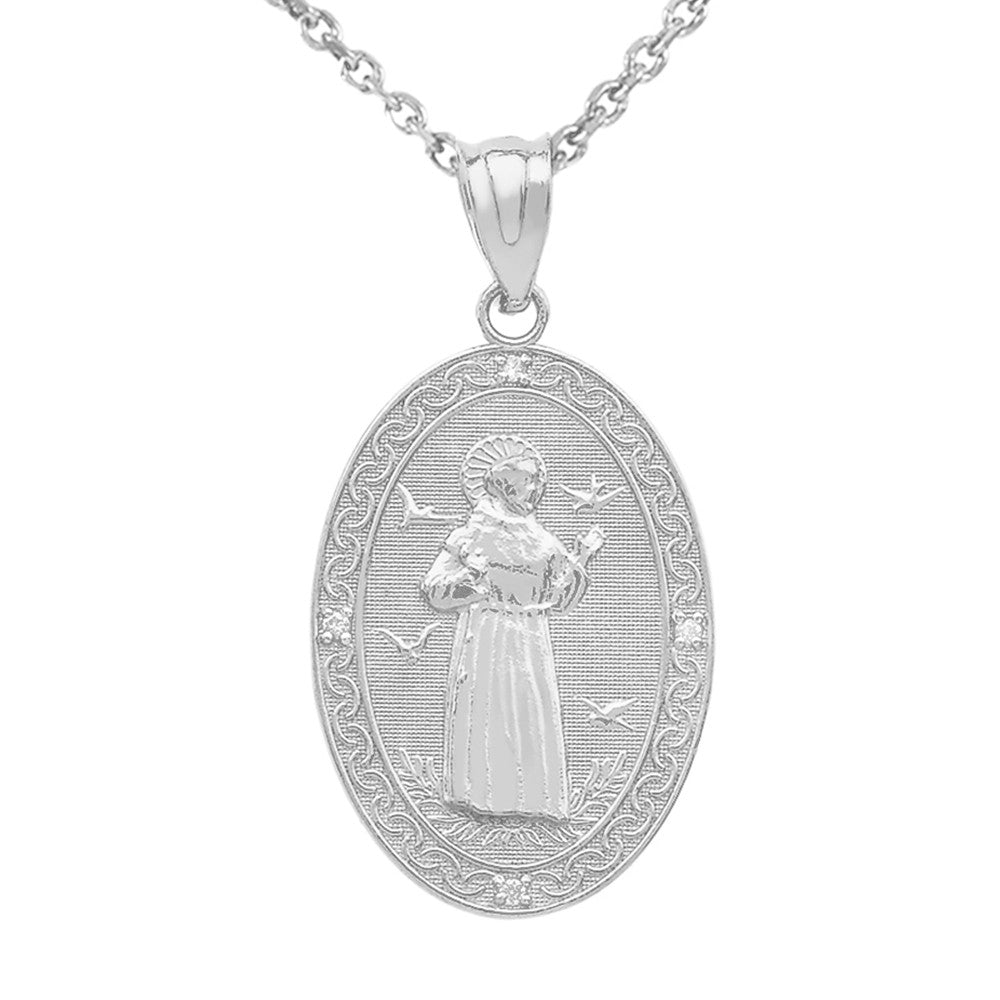 Gold St. Francis of Assisi Oval Engravable Medallion Diamond Pendant Necklace (Medium), view 10