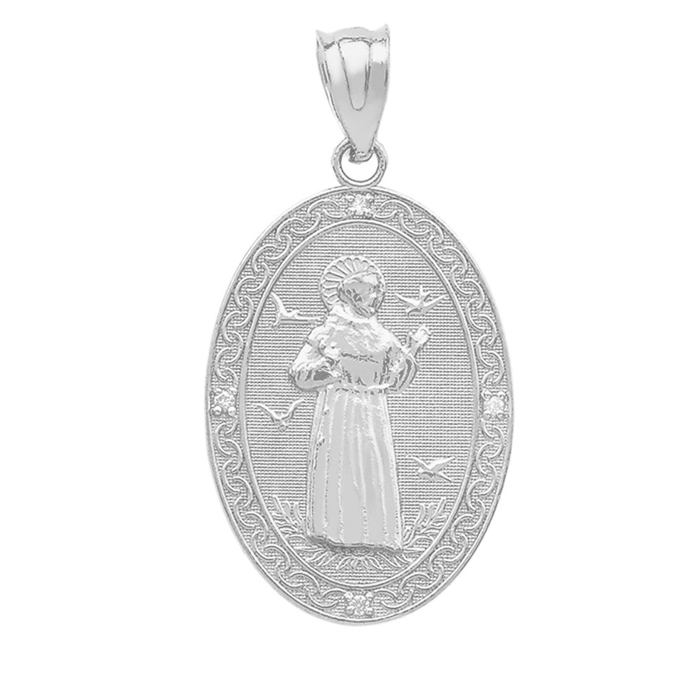 Gold St. Francis of Assisi Oval Engravable Medallion Diamond Pendant Necklace (Medium), view 11