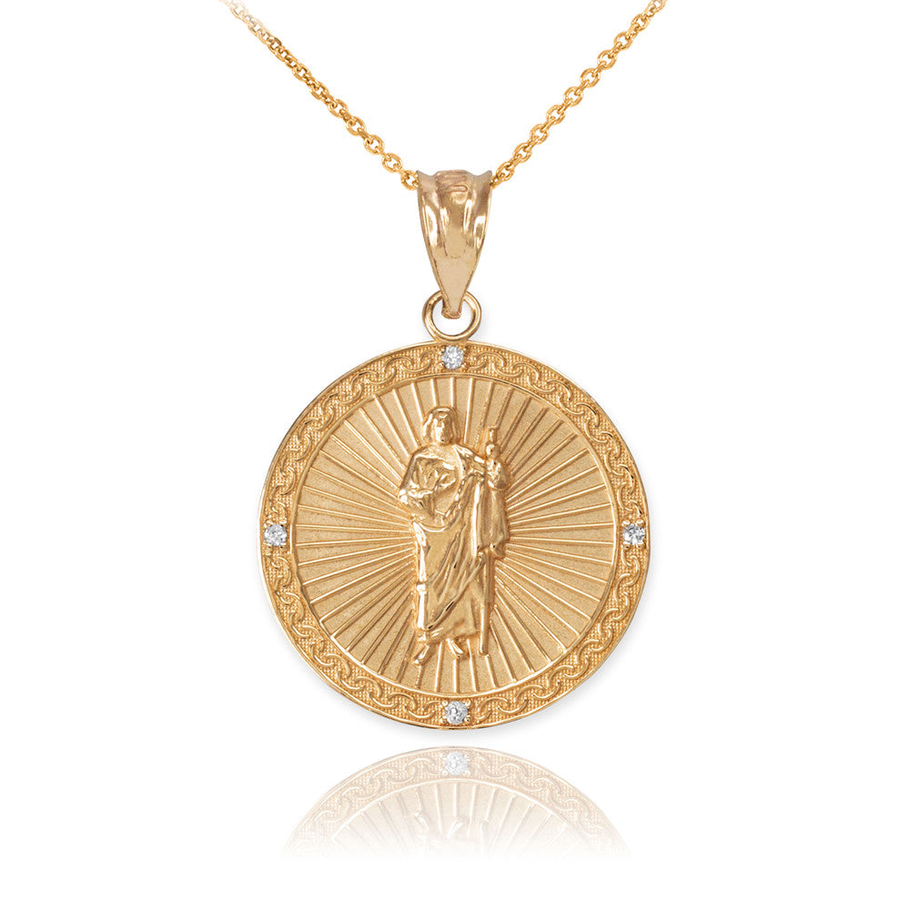 Gold St Jude Diamond Disc Engravable Pendant Necklace, view 8