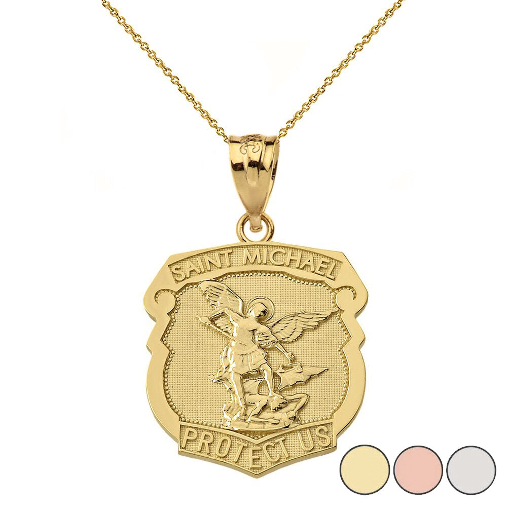 Gold St. Michael Protect Us Shield Pendant Necklace