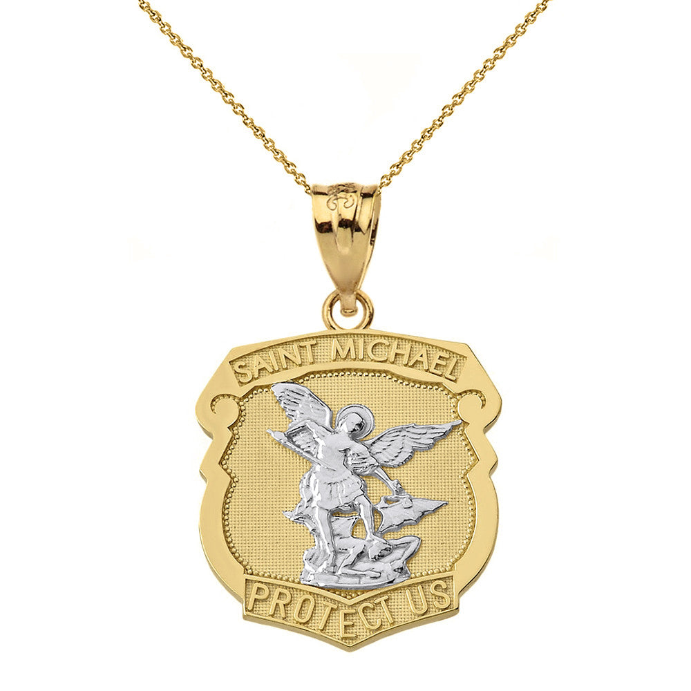 Gold St. Michael Protect Us Shield Pendant Necklace, view 4