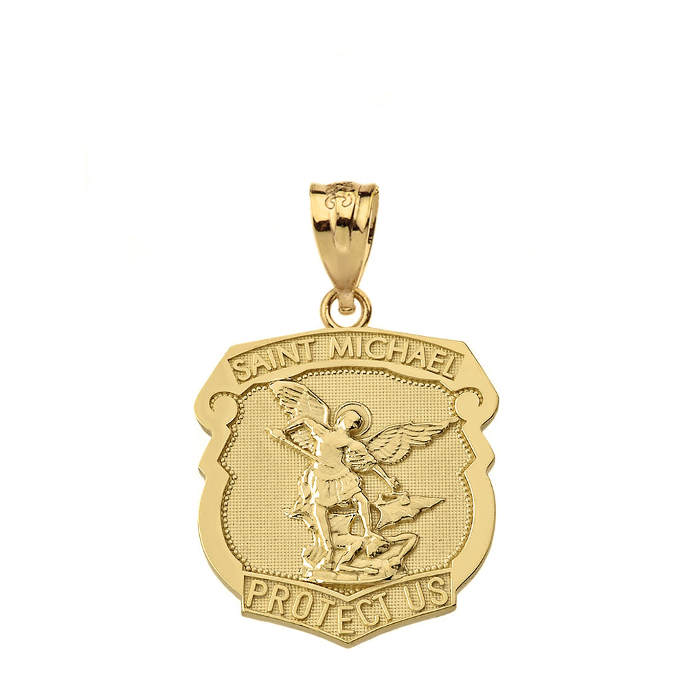 Gold St. Michael Protect Us Shield Pendant Necklace, view 6