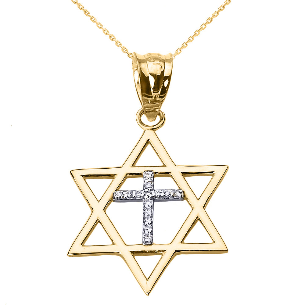 Gold Star of David with Diamond Cross Pendant Necklace