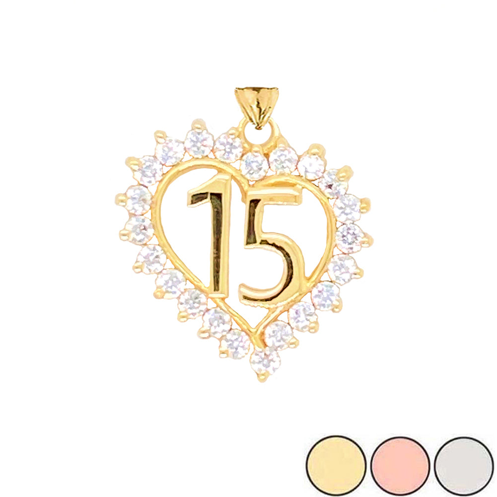 Gold Studded Cubic Zirconia Heart 15 Años Quinceañera Pendant Necklace